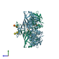 PDB entry 6utn coloured by chain, side view.