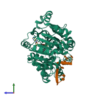 PDB entry 6uv2 coloured by chain, side view.