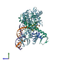 PDB entry 6v3k coloured by chain, side view.