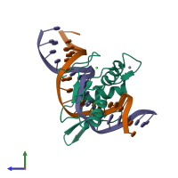 PDB entry 6v8u coloured by chain, side view.