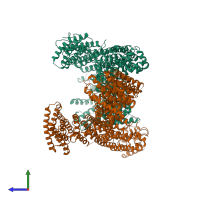 PDB entry 6vad coloured by chain, side view.