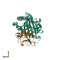 PDB entry 6vb0 coloured by chain, side view.