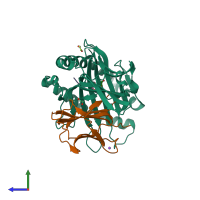 PDB entry 6vb1 coloured by chain, side view.