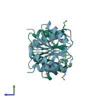PDB entry 6vbf coloured by chain, side view.