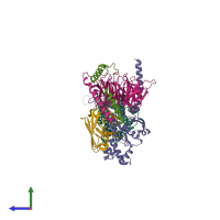 PDB entry 6vcb coloured by chain, side view.