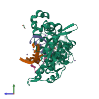 PDB entry 6vf3 coloured by chain, side view.