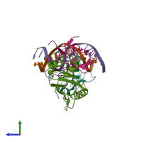 PDB entry 6vge coloured by chain, side view.