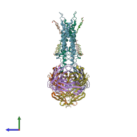 PDB entry 6vja coloured by chain, side view.