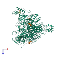 Homo trimeric assembly 1 of PDB entry 6vkm coloured by chemically distinct molecules, top view.