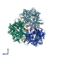 PDB entry 6vks coloured by chain, side view.