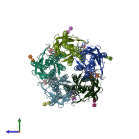 PDB entry 6vm3 coloured by chain, side view.