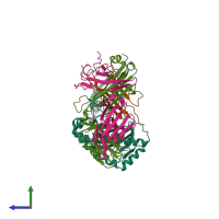 PDB entry 6vm9 coloured by chain, side view.