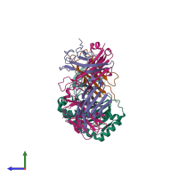 PDB entry 6vma coloured by chain, side view.