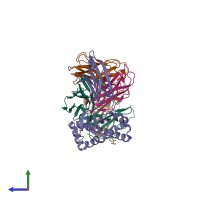 PDB entry 6vmc coloured by chain, side view.