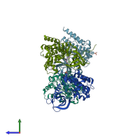 PDB entry 6vnk coloured by chain, side view.