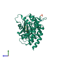 PDB entry 6vnv coloured by chain, side view.