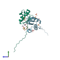 PDB entry 6vpr coloured by chain, side view.