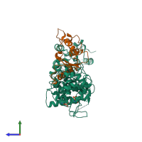 PDB entry 6vu5 coloured by chain, side view.