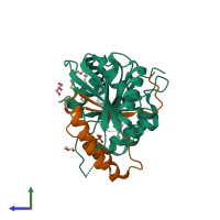 PDB entry 6vw9 coloured by chain, side view.