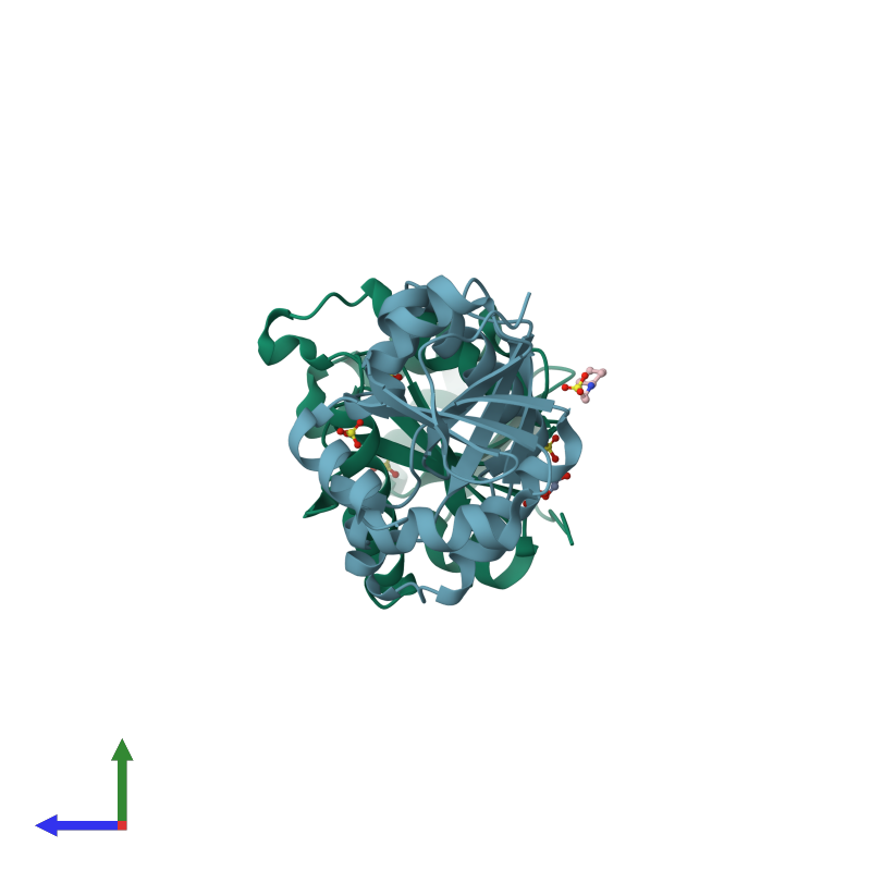 <div class='caption-body'><ul class ='image_legend_ul'>The deposited structure of PDB entry 6vxs coloured by chain and viewed from the side. The entry contains: <li class ='image_legend_li'>2 copies of Non-structural protein 3</li><li class ='image_legend_li'>[]<ul class ='image_legend_ul'><li class ='image_legend_li'>4 copies of SULFATE ION</li> <li class ='image_legend_li'>2 copies of 2-[N-CYCLOHEXYLAMINO]ETHANE SULFONIC ACID</li> <li class ='image_legend_li'>1 copy of 1,2-ETHANEDIOL</li></ul></li></div>