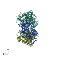 PDB entry 6vzv coloured by chain, side view.