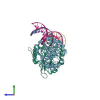 PDB entry 6w2p coloured by chain, side view.
