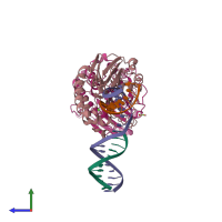 PDB entry 6w3n coloured by chain, side view.