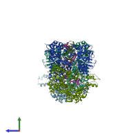 PDB entry 6waa coloured by chain, side view.