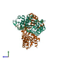 PDB entry 6wcv coloured by chain, side view.