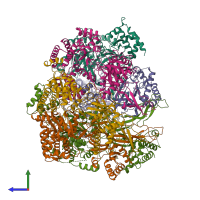 PDB entry 6wgf coloured by chain, side view.