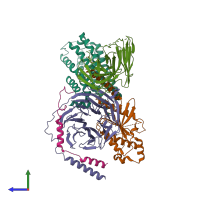 PDB entry 6wha coloured by chain, side view.