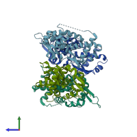 PDB entry 6wjh coloured by chain, side view.