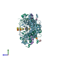 PDB entry 6wmo coloured by chain, side view.