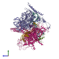 PDB entry 6wmp coloured by chain, side view.