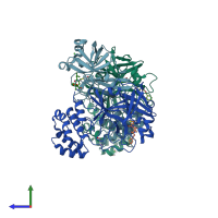 PDB entry 6wtt coloured by chain, side view.