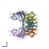 PDB entry 6wum coloured by chain, side view.