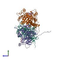 PDB entry 6wwf coloured by chain, side view.