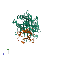 PDB entry 6x00 coloured by chain, side view.