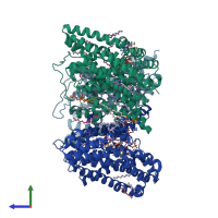 PDB entry 6x15 coloured by chain, side view.