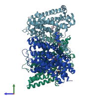 PDB entry 6x16 coloured by chain, side view.