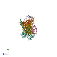 PDB entry 6x18 coloured by chain, side view.