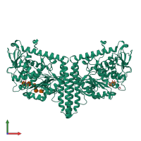 Homo dimeric assembly 3 of PDB entry 6x5t coloured by chemically distinct molecules, front view.