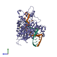 PDB entry 6x74 coloured by chain, side view.