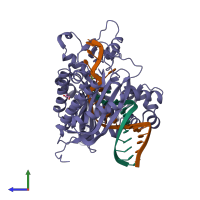 PDB entry 6x75 coloured by chain, side view.