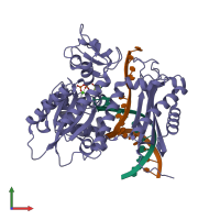 PDB entry 6x77 coloured by chain, front view.