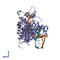 PDB entry 6x77 coloured by chain, side view.