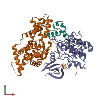 PDB entry 6xbz coloured by chain, front view.