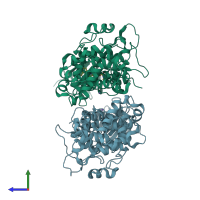 PDB entry 6xdf coloured by chain, side view.