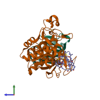 PDB entry 6xie coloured by chain, side view.