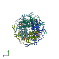 PDB entry 6xit coloured by chain, side view.